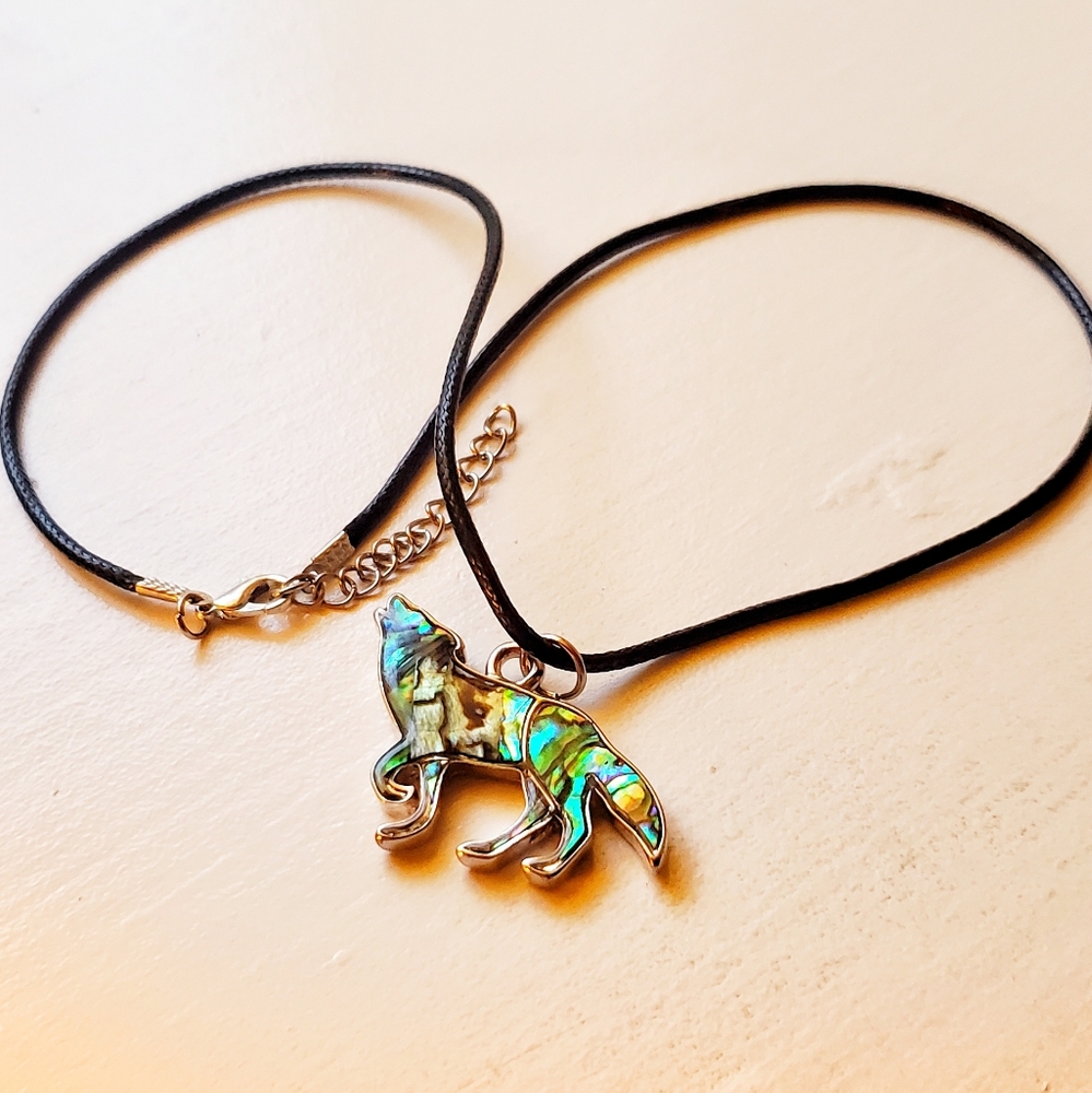 Abalone Shell Howling Coyote pendant necklace